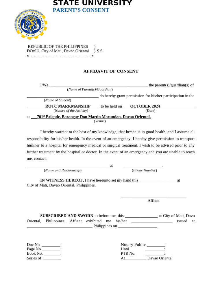 Parent Consent for ROTC Activities | PDF | Affidavit | Self-Improvement