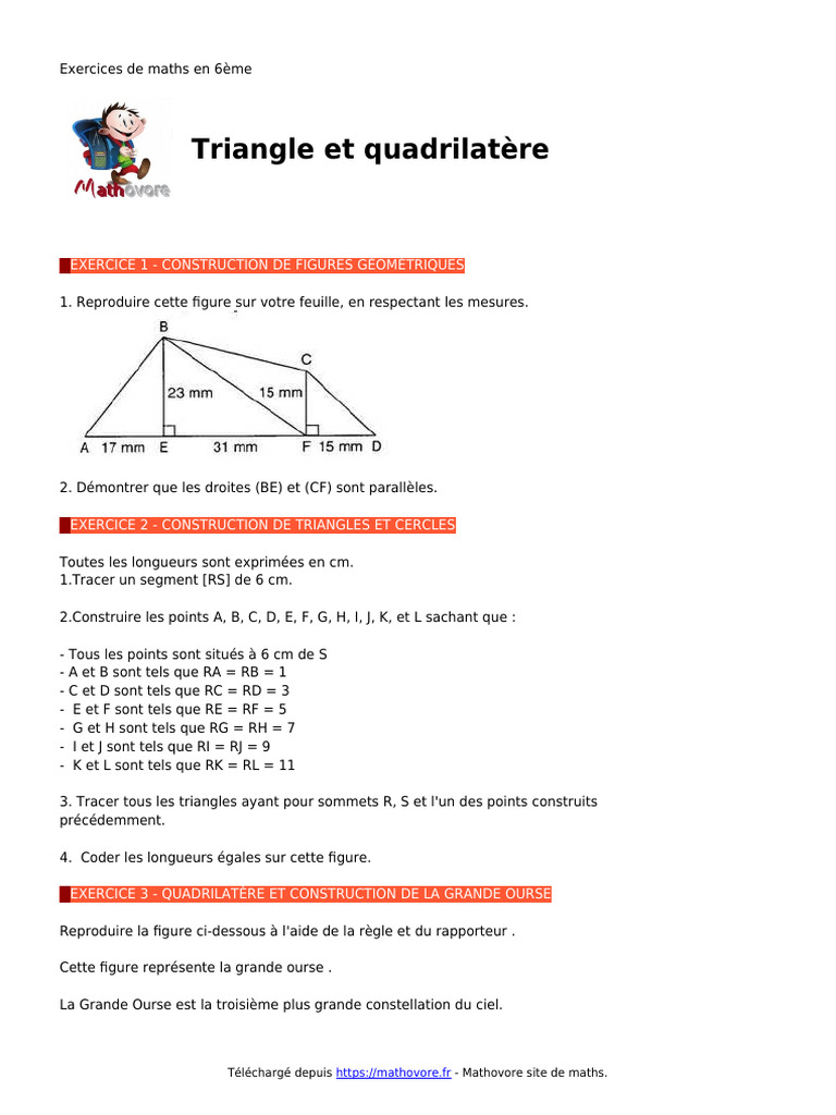 Triangle Et Quadrilatère - Exercices de Maths en 6ème Corrigés en PDF ...