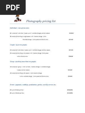 Photography Pricing List