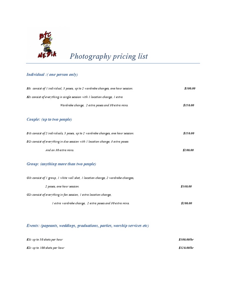 Photography Pricing List | PDF, image size:768x1024
