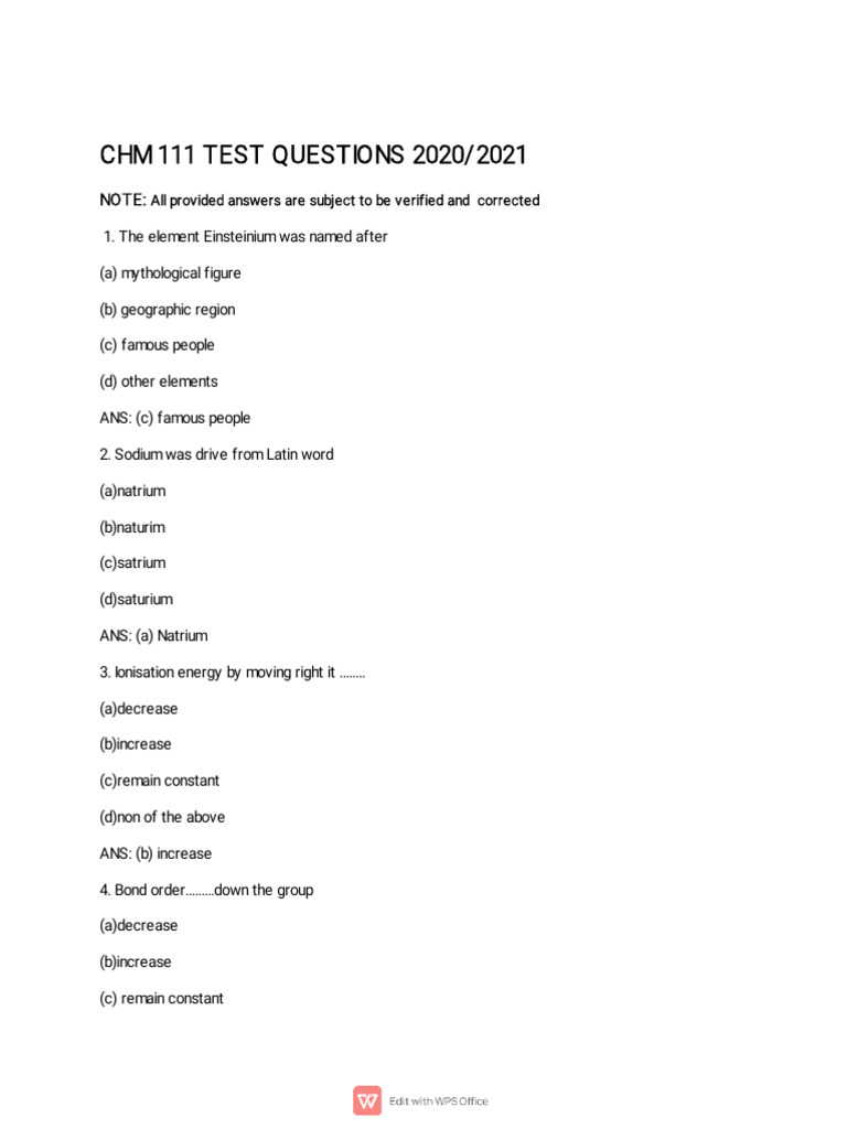 CHM 111 Test Questions 2021-1 | PDF