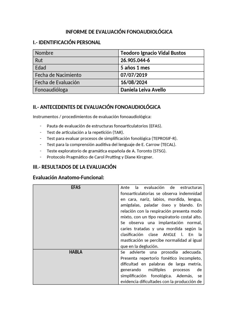 Informe De Evaluación Fonoaudiológica Teodoro Vidal Pdf