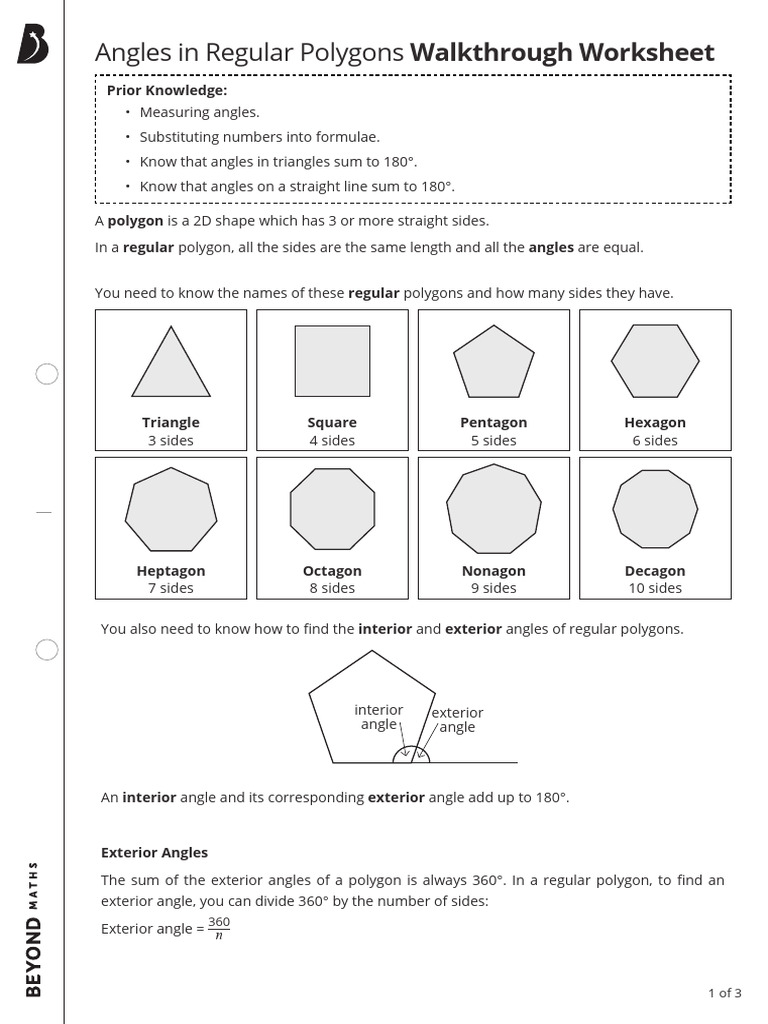 Angles in Regular Polygons Walkthrough Worksheet | PDF