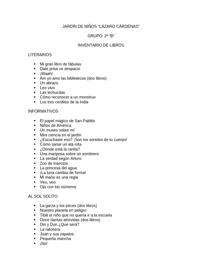 Inventario De Libros 2o B Pdf