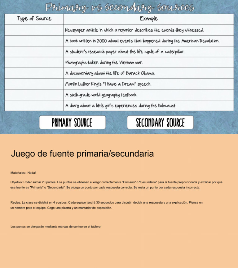 Primary Vs Secondary Sources Sorting and Game | PDF