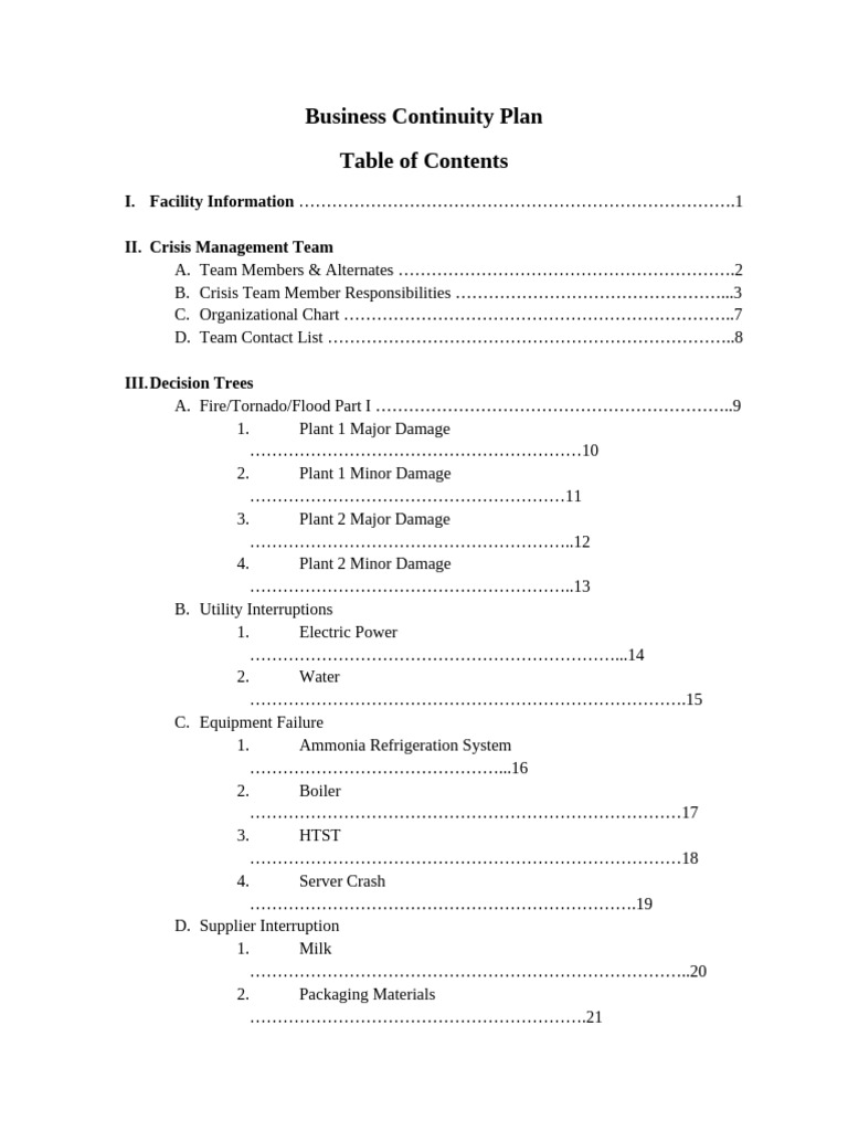 Business Continuity Plan Table of Contents SAMPLE | PDF