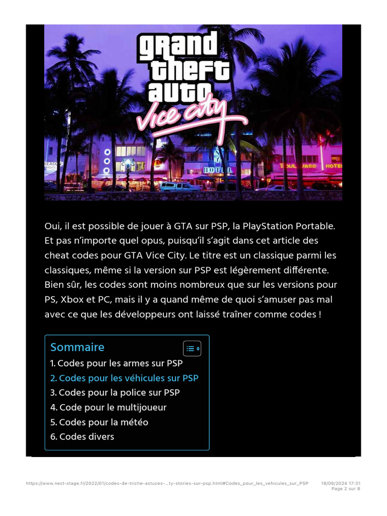 Codes de Triche \u0026 Astuces GTA Vice City Stories Sur PSP - Next Stage | PDF  | Video Games | Industries, image size:768x1024