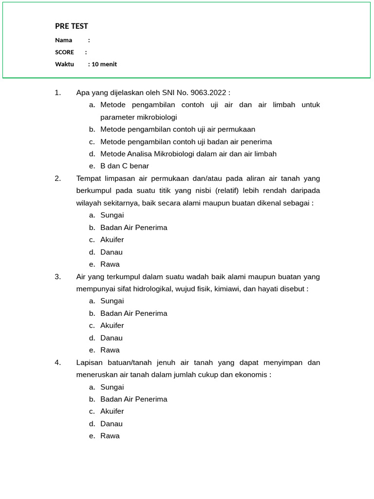 Pre Test Metode Pengambilan Air Dan Air Limbah Untuk Parameter ...