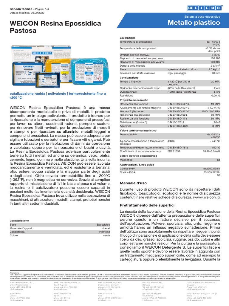 IT TDS 10500100 WEICON Resina Epossidica Pastosa | PDF