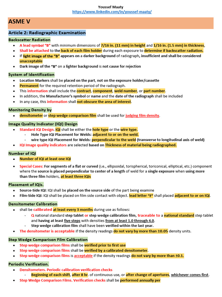 Summary of ASME V RT, PT and MT Highlights For API Exam | PDF