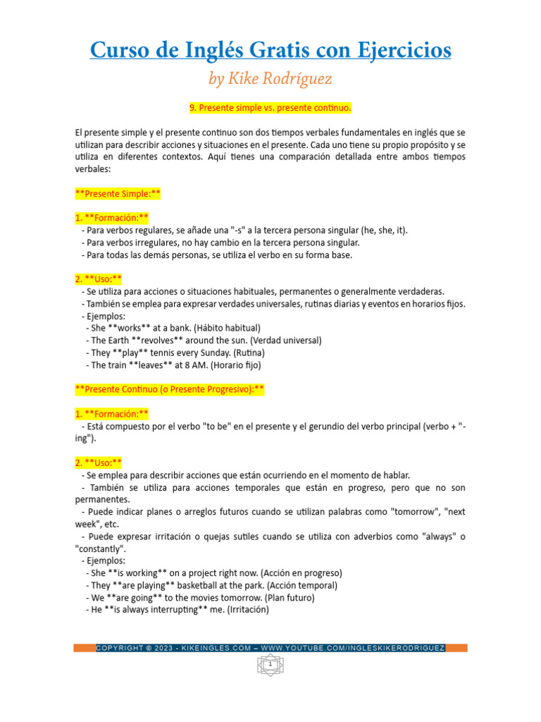 Presente Simple Contra Presente Continuo en Ingles | PDF | Verbo ...