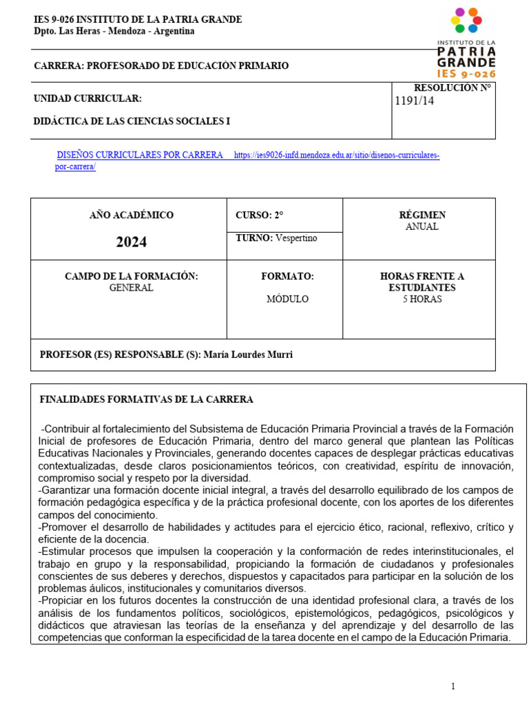 Programa 2024 Murri Didactica CS Soc I | PDF