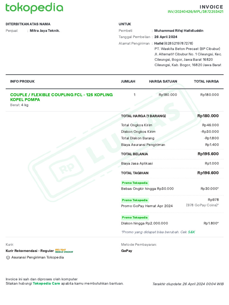 Invoice Flexible Coupling FCL 125 (26-4-24 ( | PDF