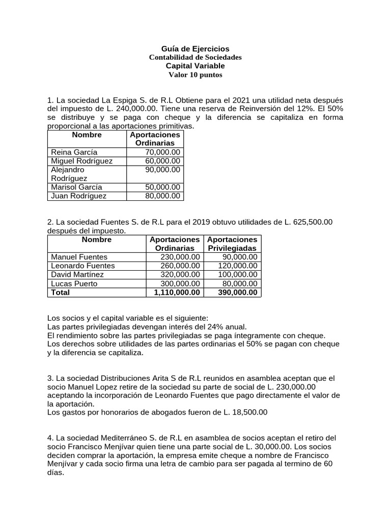 Guía de Ejercicios Capital Variable | PDF