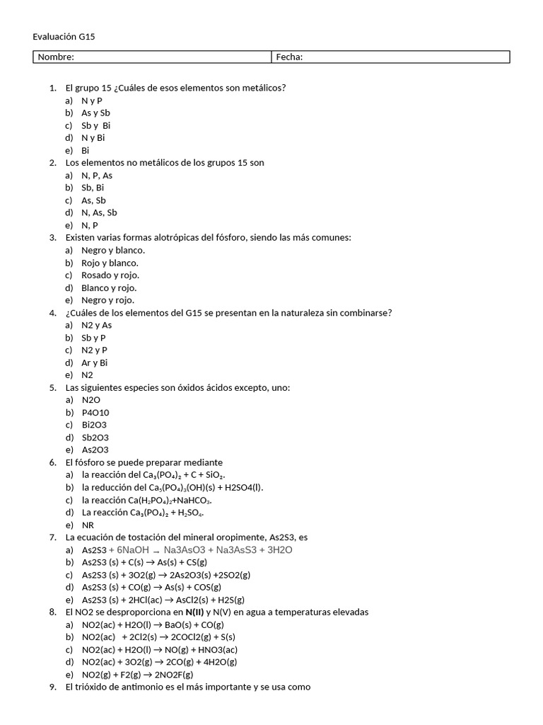 Evaluación G15 | PDF | Ácido nítrico | Deportes y actividades al aire libre