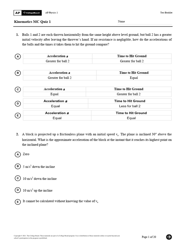 AP Physics 1 01KinematicsMCQ Quiz1 | PDF | Acceleration | Kinematics