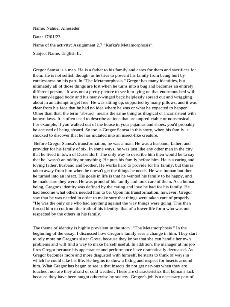 Assignment 2.7 Kafka's Metamorphosis Essay - English. | PDF