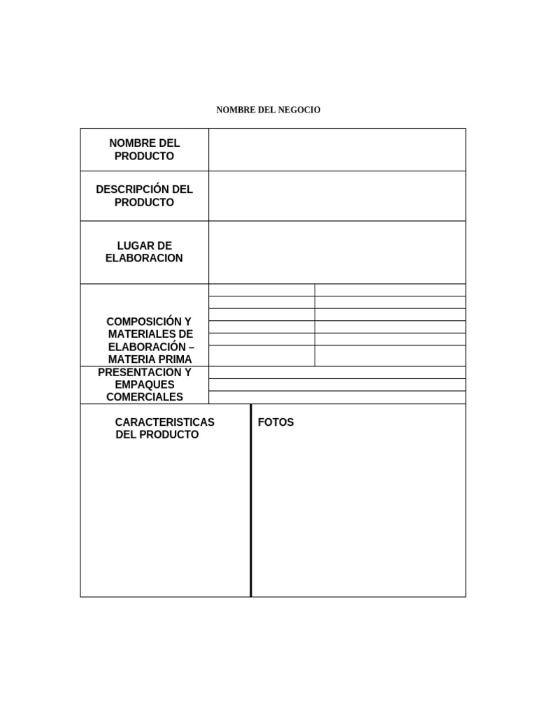 Ficha Tecnica de Producto Artesanal PDF