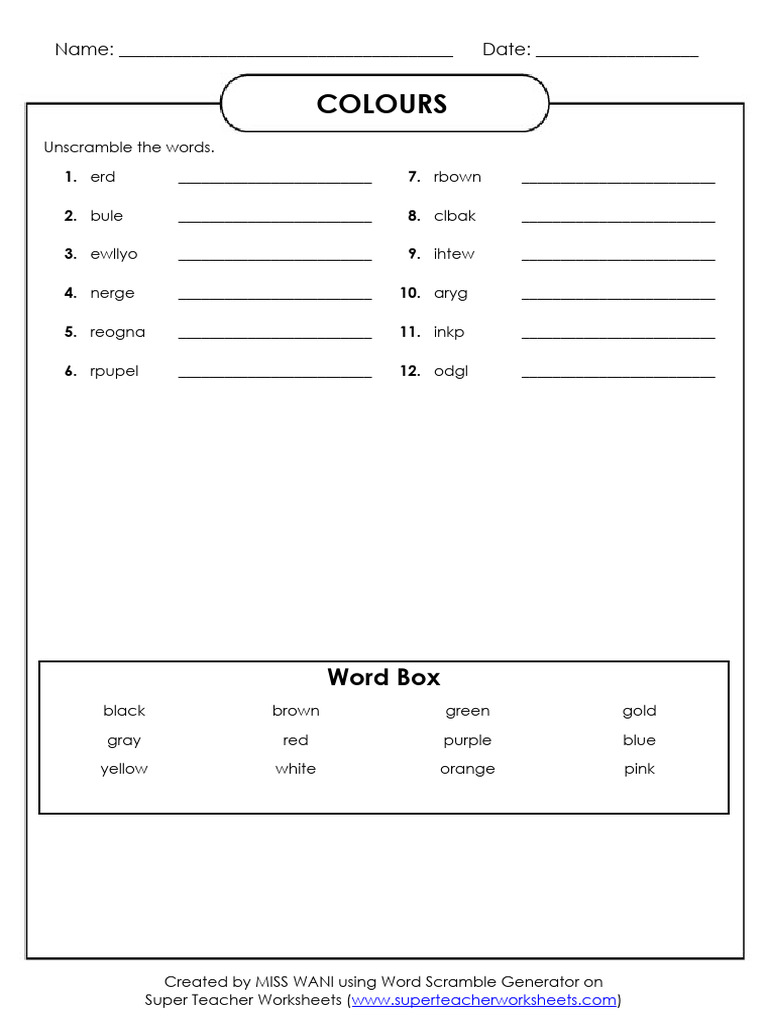 Super - Teacher - Worksheets - COLOURS Anagram | PDF