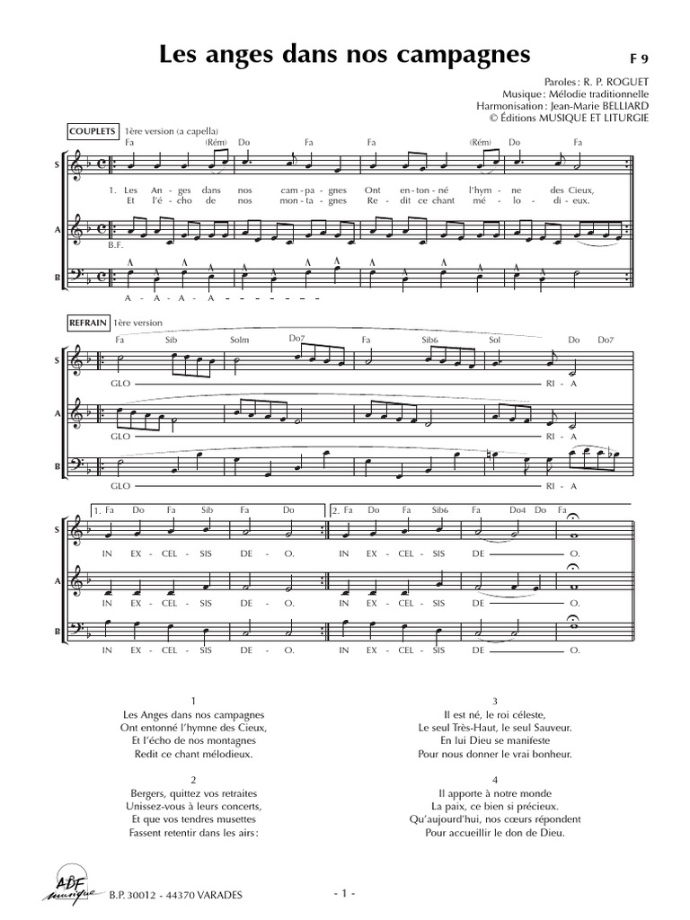 Partitura simplificada para flauta dulce de Les Anges Dans Nos Campagnes con notas fáciles y diseño accesible