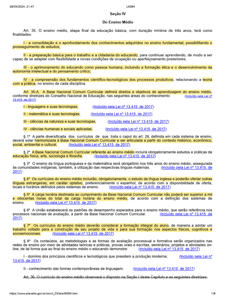 Seção IV Do Ensino Médio: (Incluído Pela Lei Nº 13.415, de 2017) | PDF