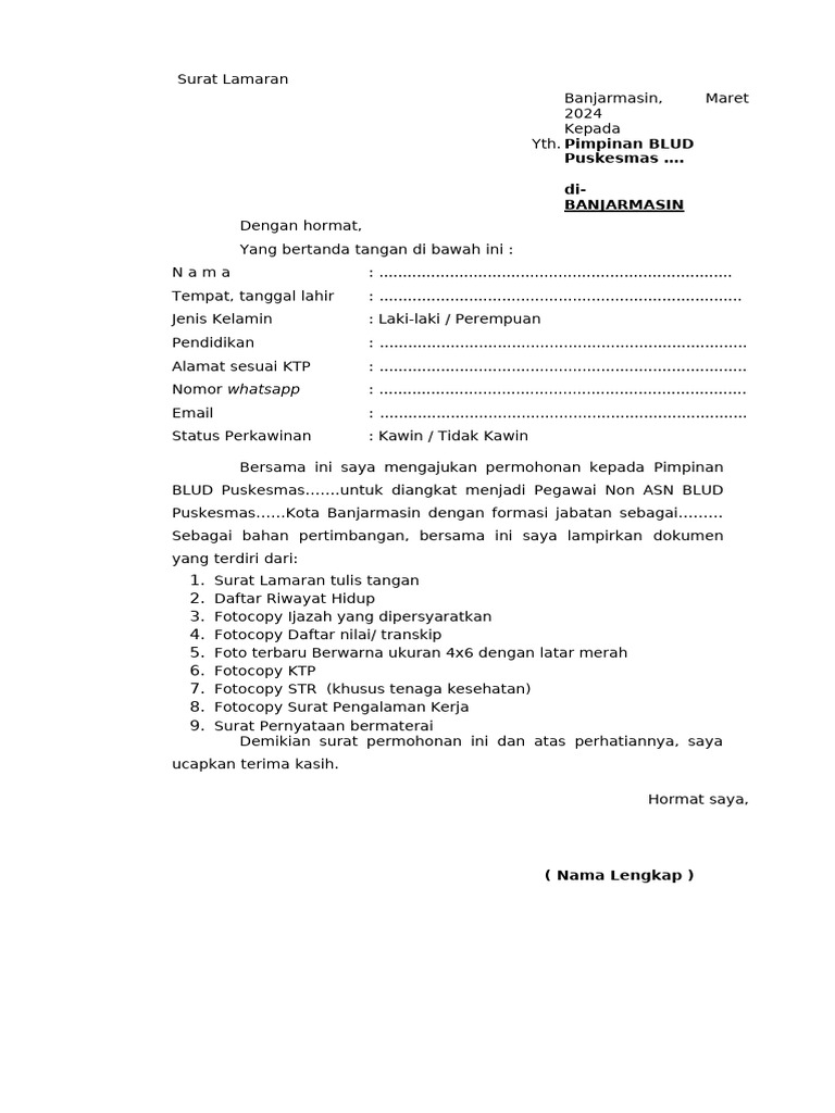 Surat Lamaran Dan Pernyataan Peserta Pendaftaran Rekrutmen Pegawai BLUD ...