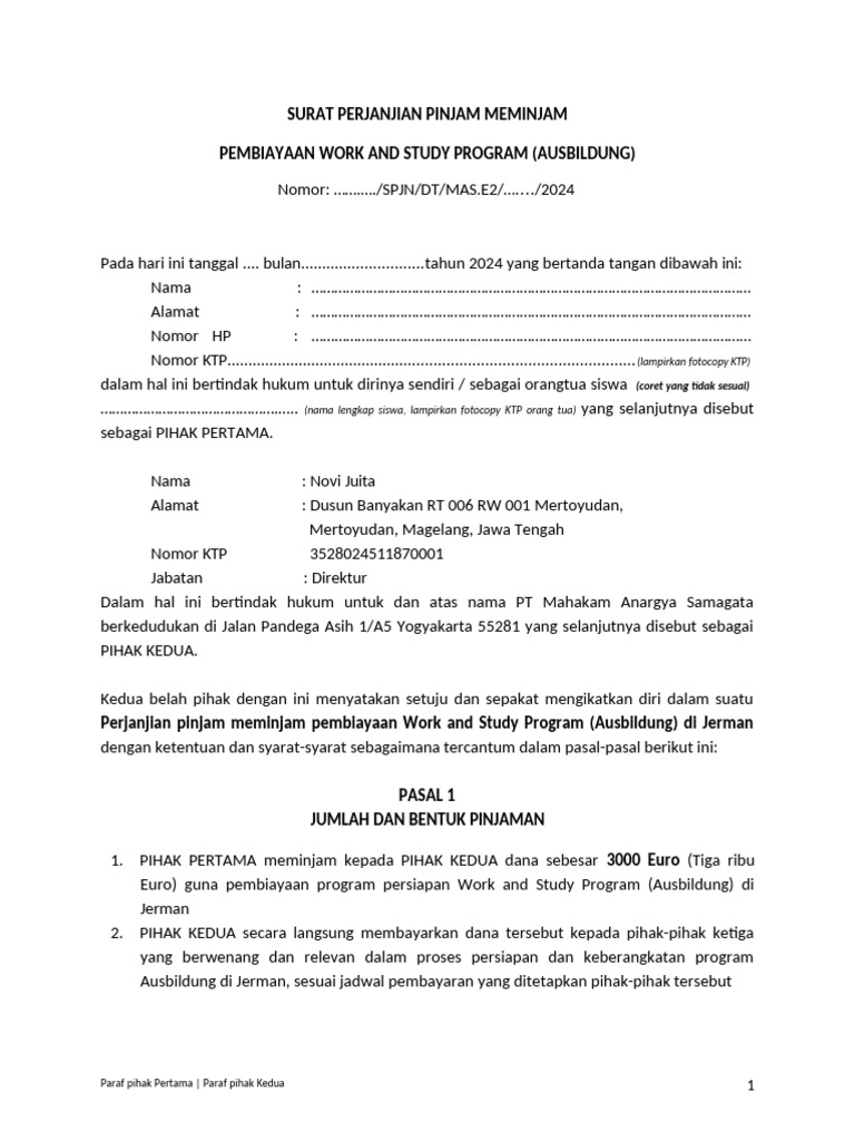 (Kode E2) 2b. Surat Perjanjian Peminjaman Dana Ausbildung - Rangkap 2 ...