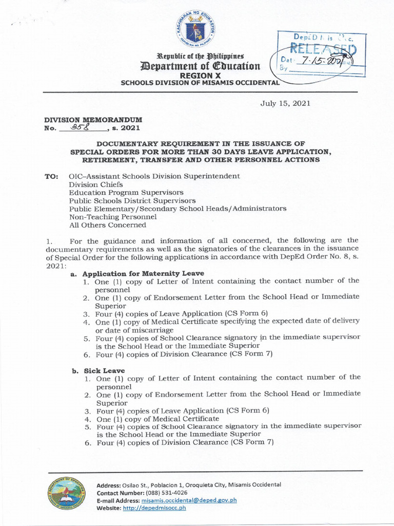 DepED Mis Occ DM. 358 S. 2021 DOCUMENTARY REQUIREMENT IN THE ISSUANCE ...