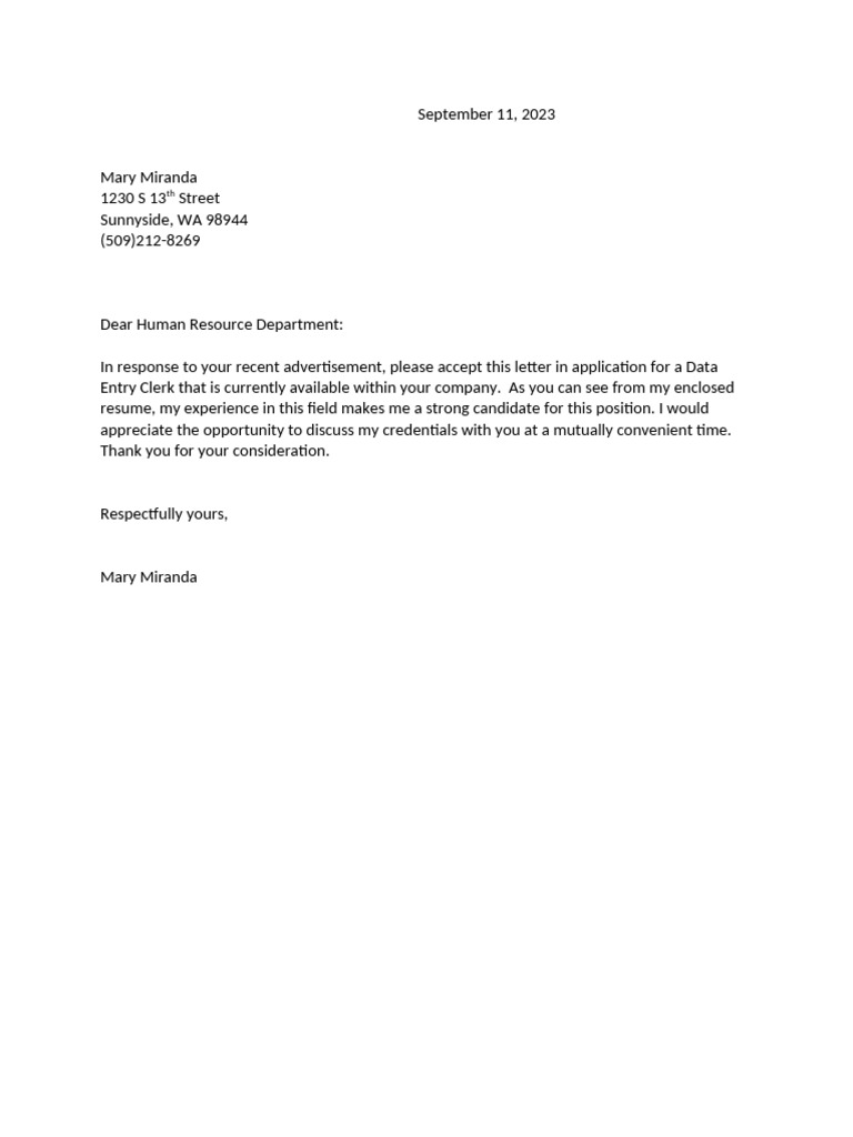 Mary M's Cover Letter | PDF