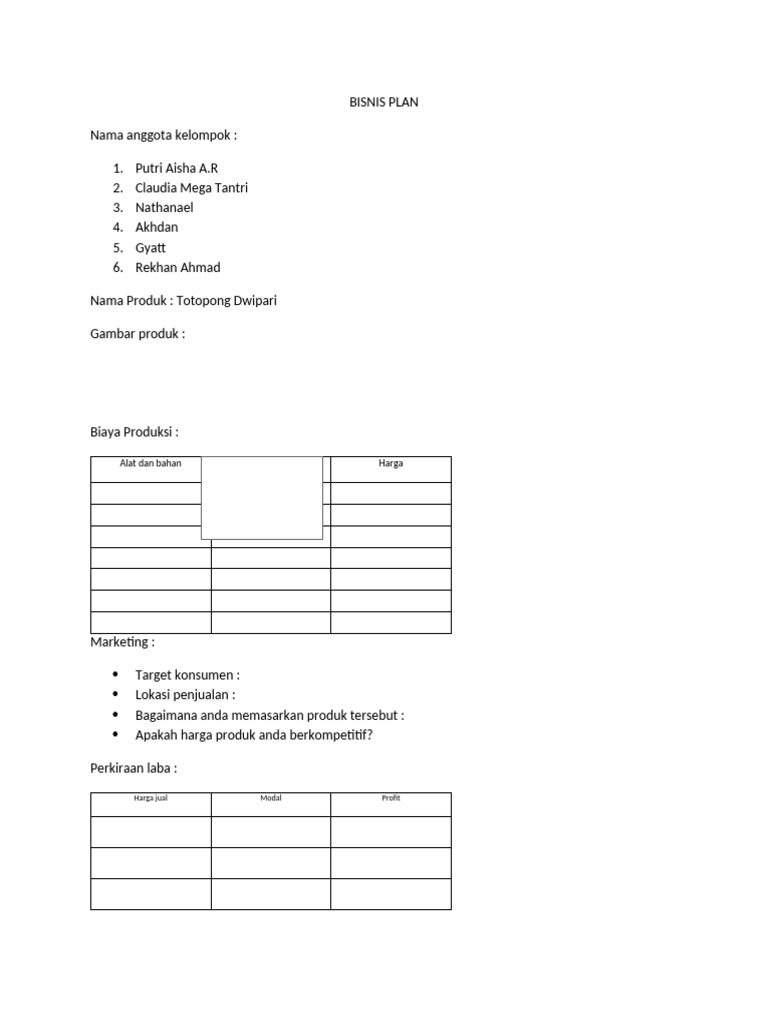 Bisnis plan 1 halaman pdf