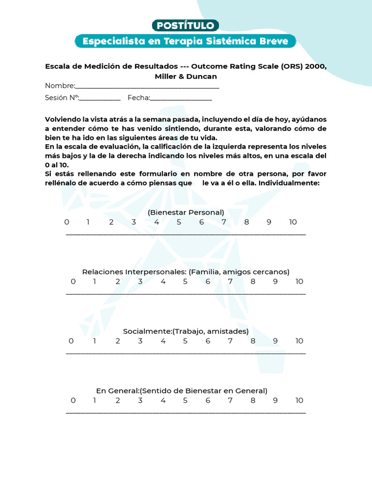 Escala de Medición de Resultados - Outcome Rating Scale (ORS) 2000 ...