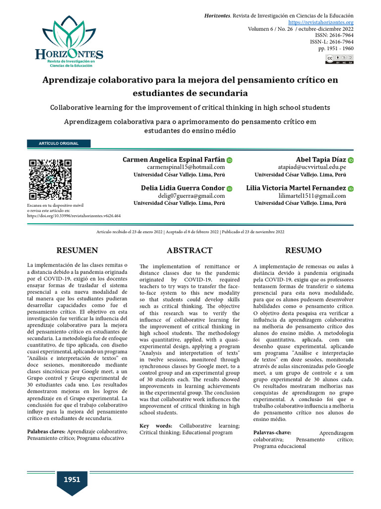 Aprendizaje Colaborativo para La Mejora Del Pensamiento Crítico | PDF ...