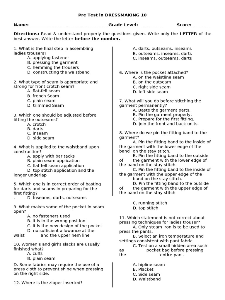 Dressmaking Pre-Test Questions | PDF | Seam (Sewing) | Trousers