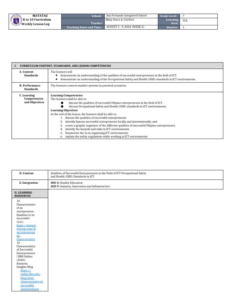 DLL MATATAG - TLE 7 Q1 W2 | PDF | Electrostatic Discharge | Career & Growth