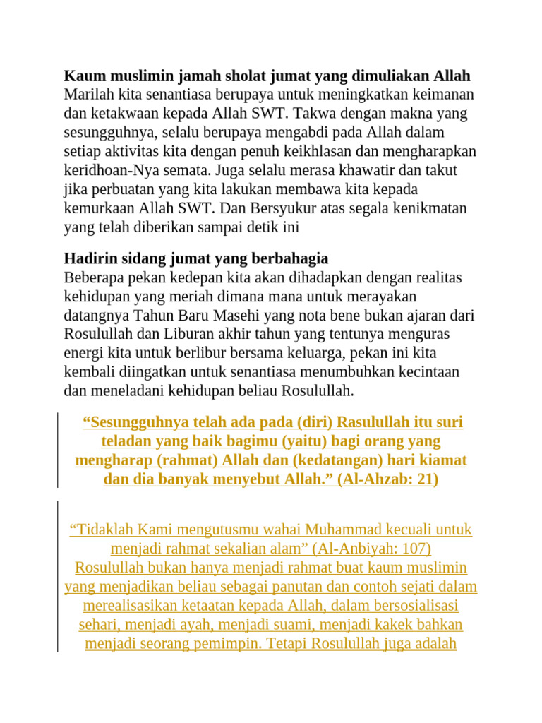Kaum Muslimin Jamah Sholat Jumat Yang Dimuliakan Allah | PDF