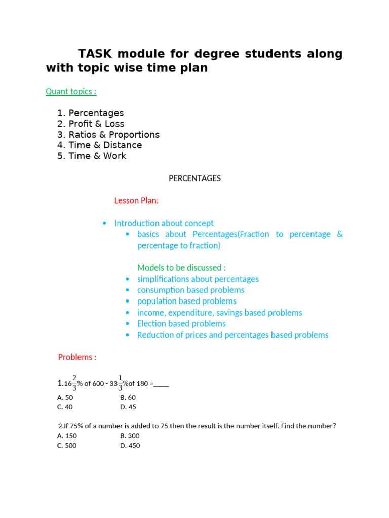 TASK Module Lesson Plan For Degree Students Along With Topic Wise Time ...