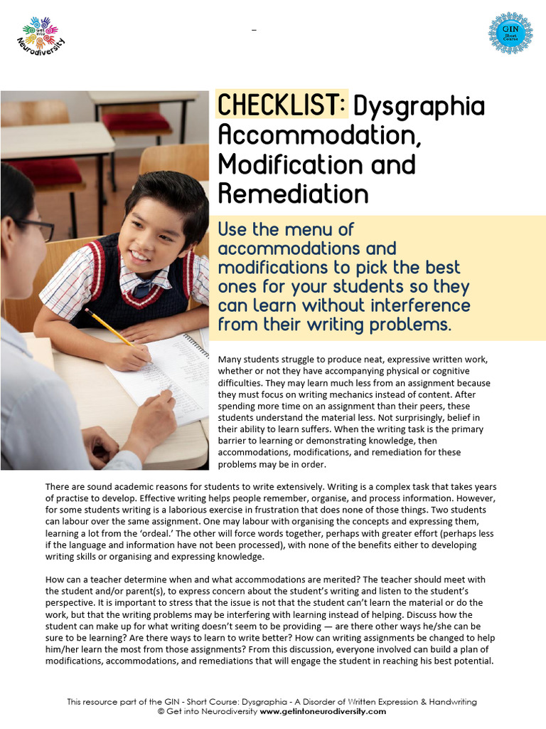 Checklist Dysgraphia Accommodation Modification and Remediation | PDF