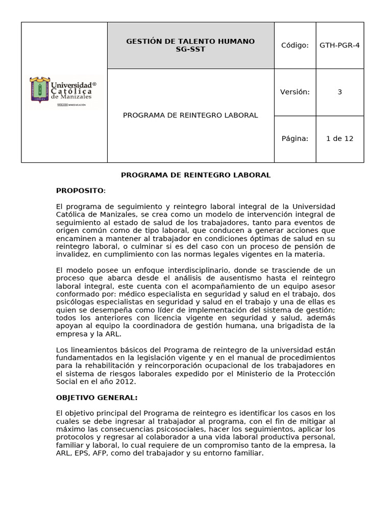 GTH PR 4 PROGRAMA DE REINTEGRO LABORAL Y REHABILITACION UCM 2021 v3 | PDF