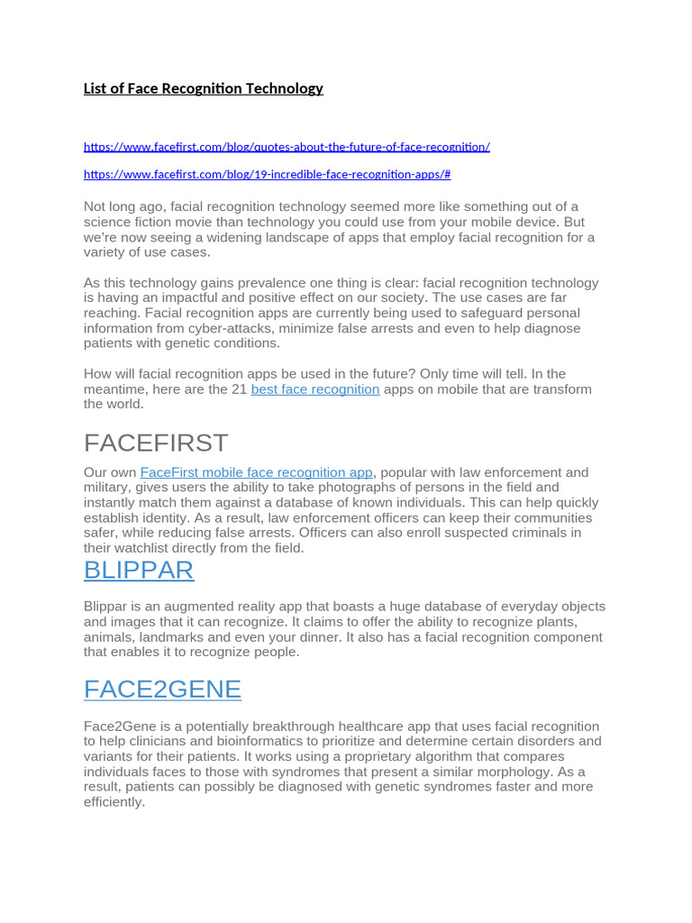 List of Face Recognition Technology | PDF
