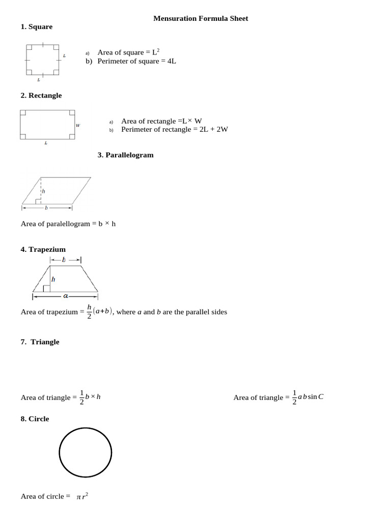 Mensuration Formula Sheet | PDF