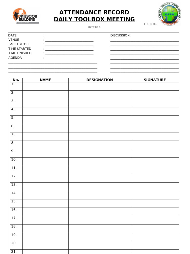 Daily toolbox meeting attendance sheet pdf