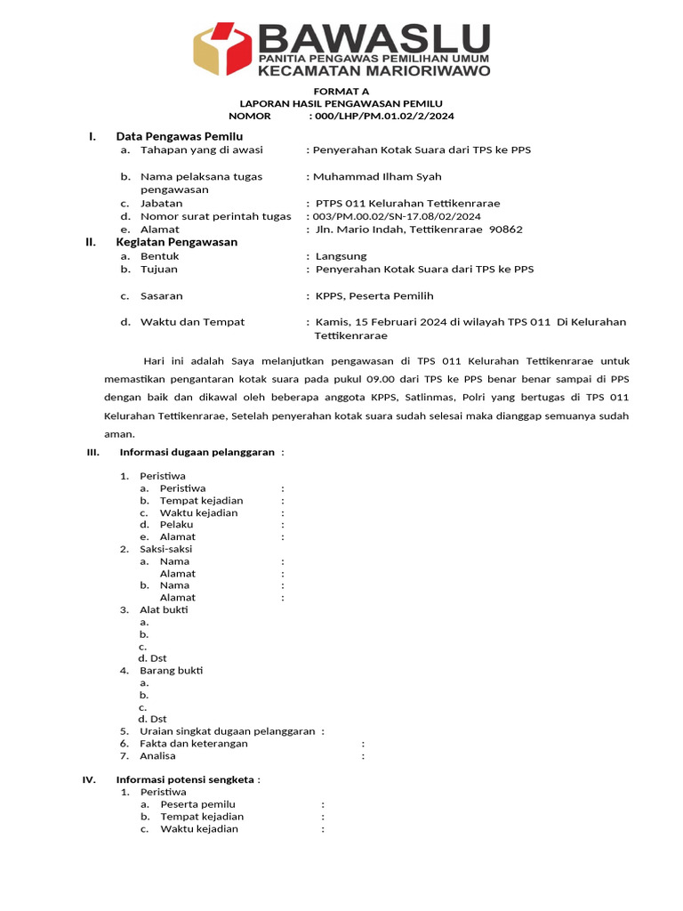 Lap Form A Penyerahan Kotak Suara Tps Ke Pps Tps 011 14 Februari 2024 | PDF