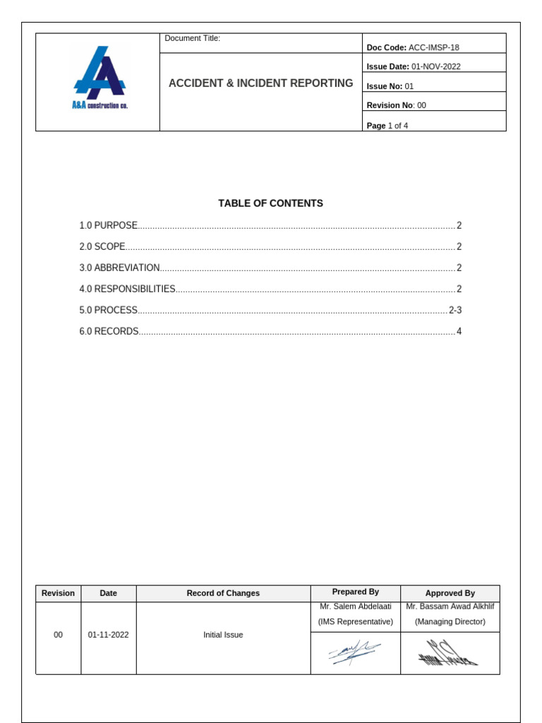 Procedure 18 - Accident and Incident Reporting | PDF