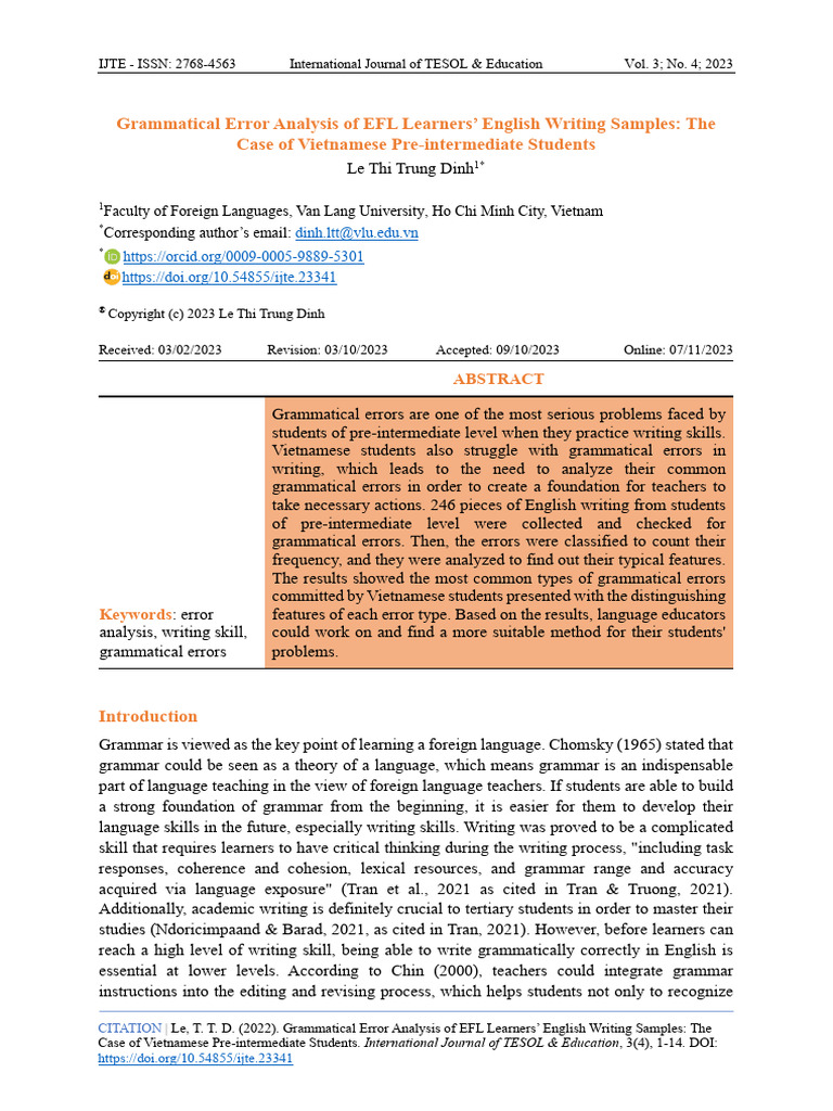 Grammatical Error Analysis of Efl Learners English Writing 3yyis4oh0p | PDF