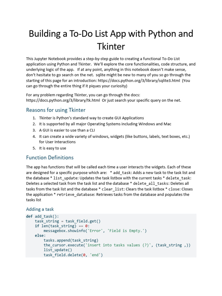 To - Do List Using Python With Tkinter | PDF