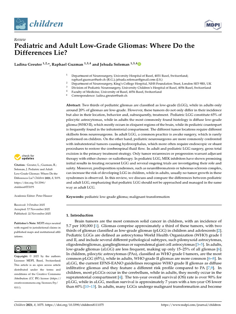Pediatric and Adult Low-Grade Gliomas - Where Do The Differences Lie? | PDF