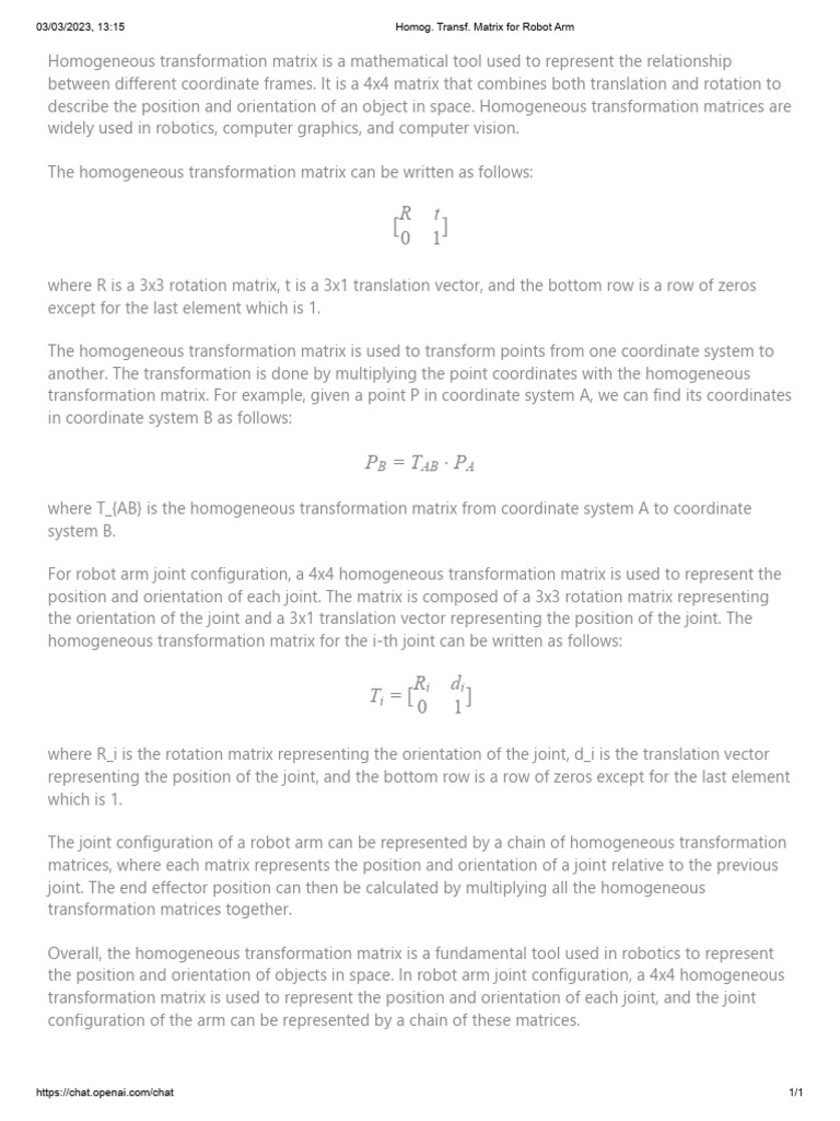 Homog. Transf. Matrix For Robot Arm | PDF