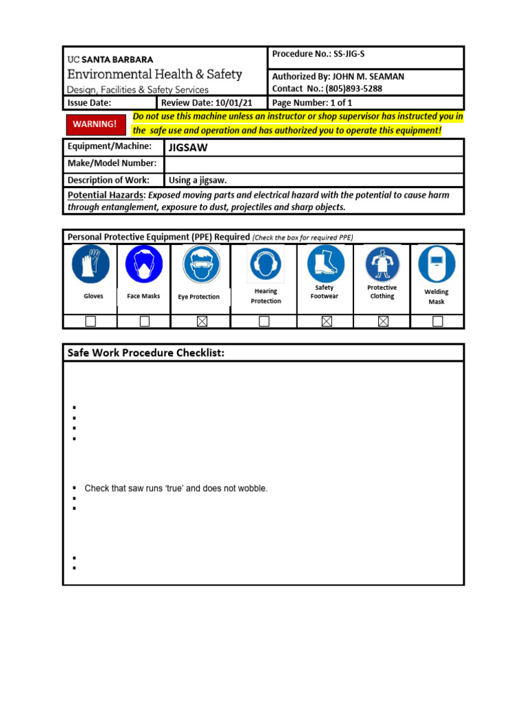 Shop Safety Safe Work Procedure JIGSAW PDF