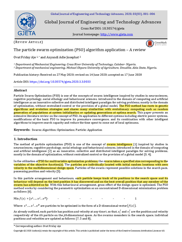 The Particle Swarm Optimization PSO Algorithm Appl | PDF