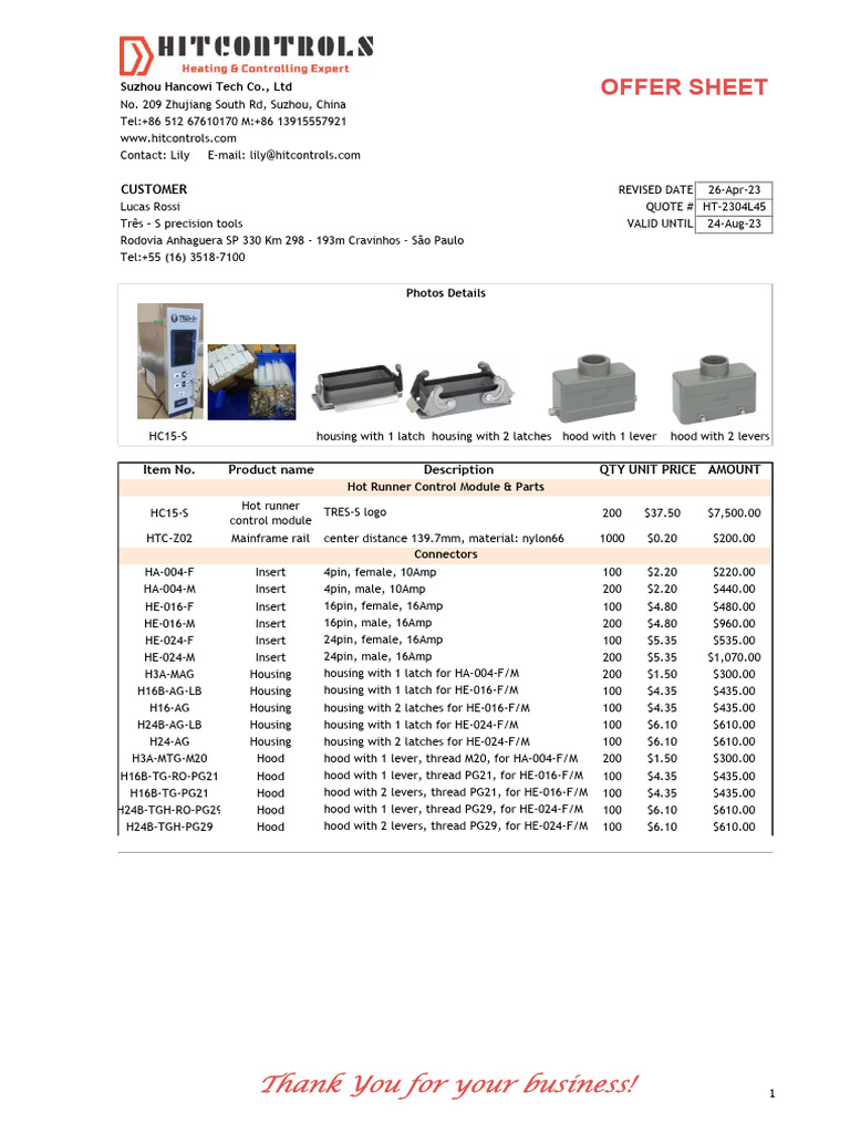 0426 Revised Hitcontrols Quotation - Spare parts#HT-2304L045 | PDF